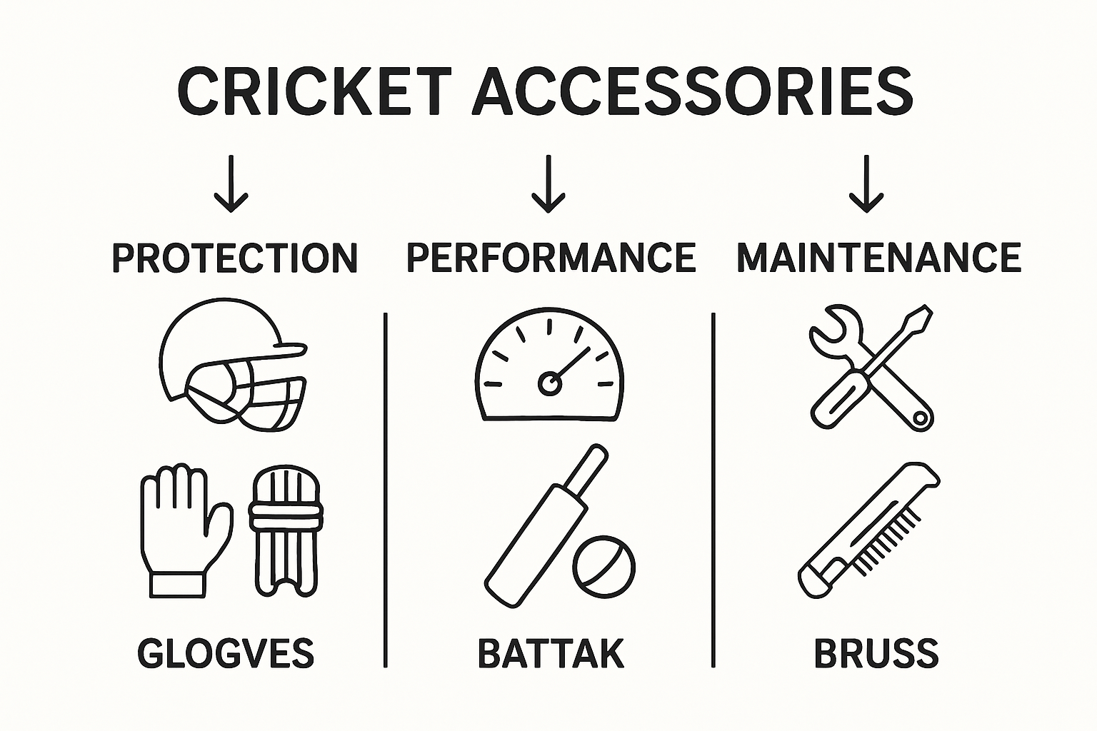 Cricket accessory types and functions categories infographic