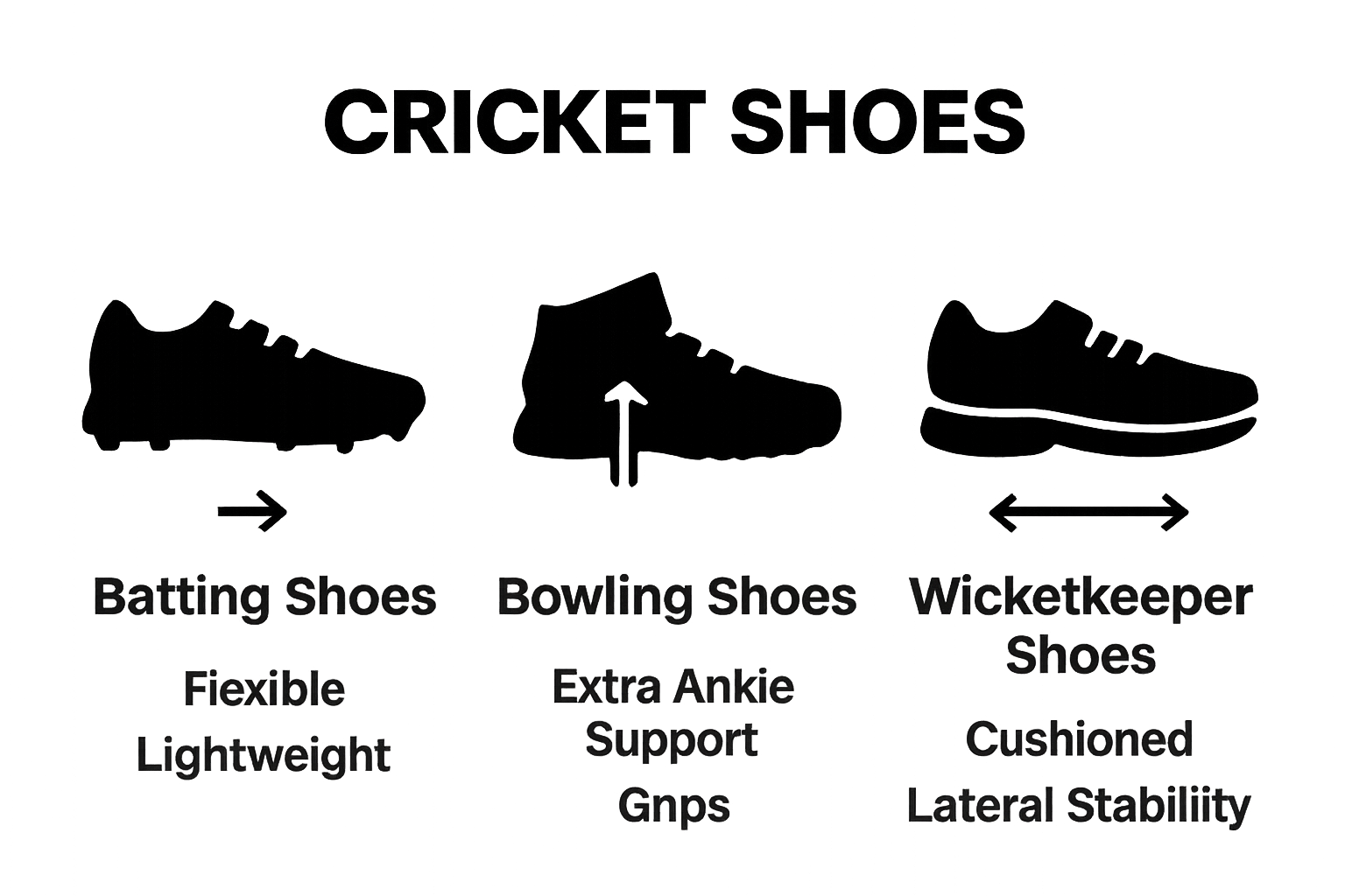 Three cricket shoe types visual comparison for roles