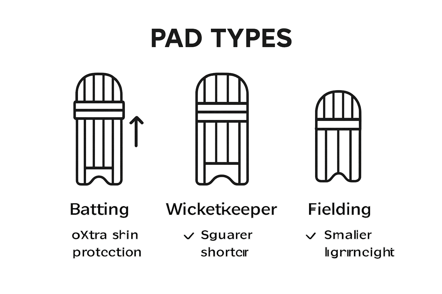 Infographic comparing batting, wicketkeeper, and fielding cricket pads