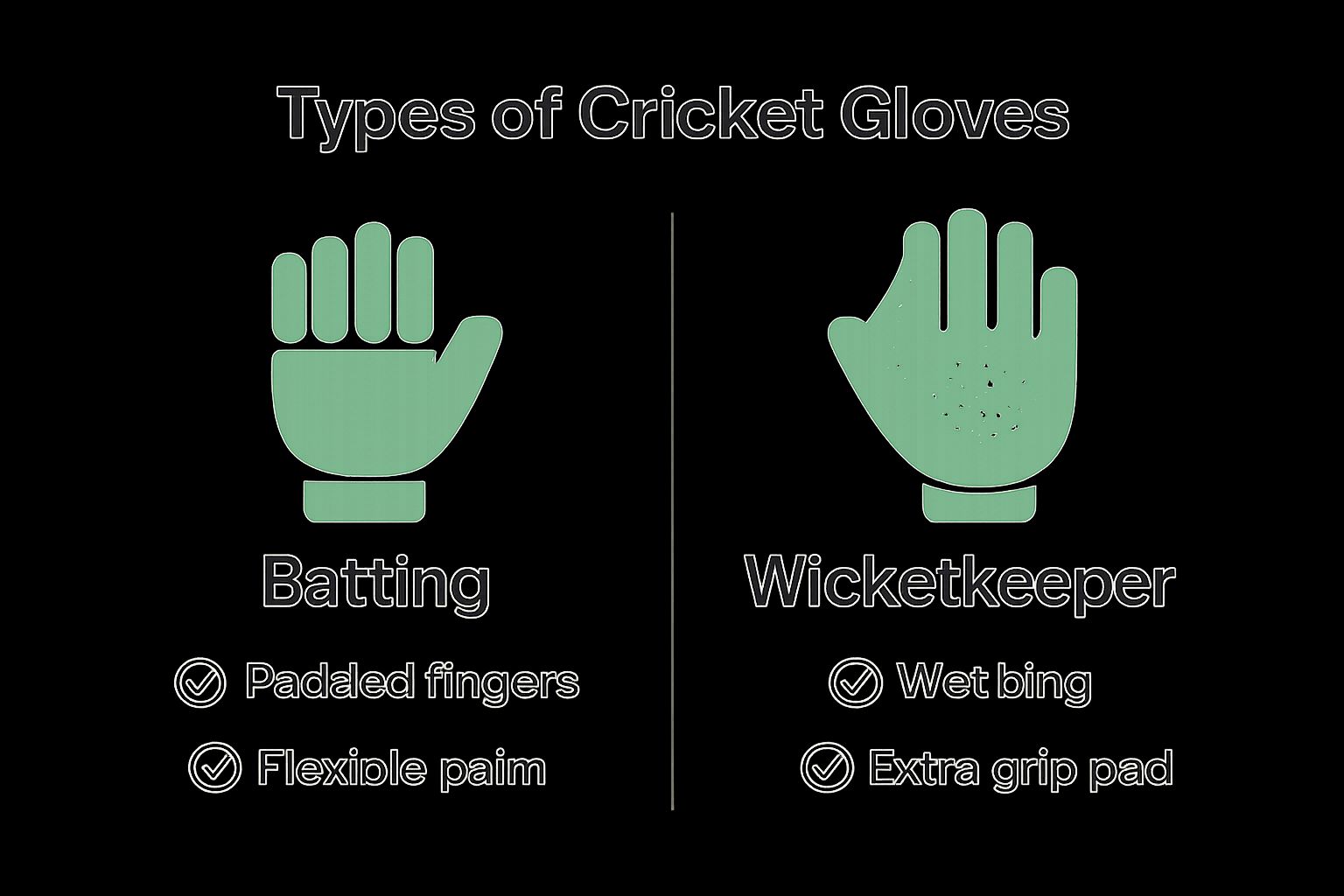 Side-by-side icons showing key features of batting and wicketkeeper gloves