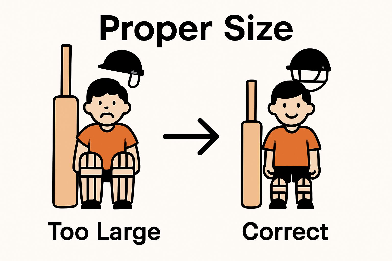 Before and after correct sizing of junior cricket gear