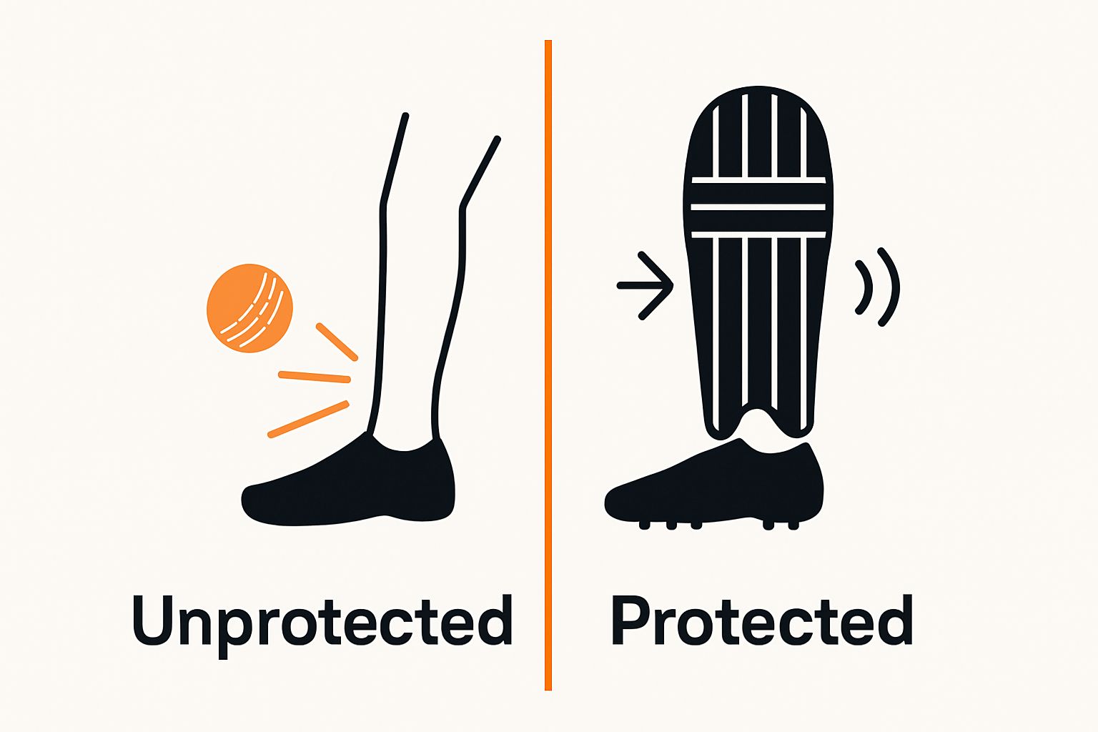 Infographic shows leg with and without cricket pad facing a cricket ball impact