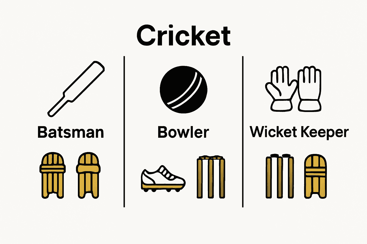 Cricket player roles and their essential equipment visual breakdown