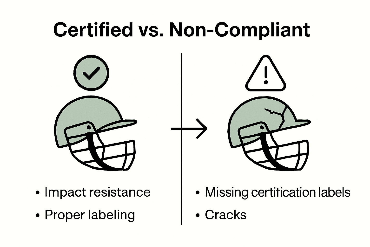 Infographic comparing certified and non-compliant cricket helmets.