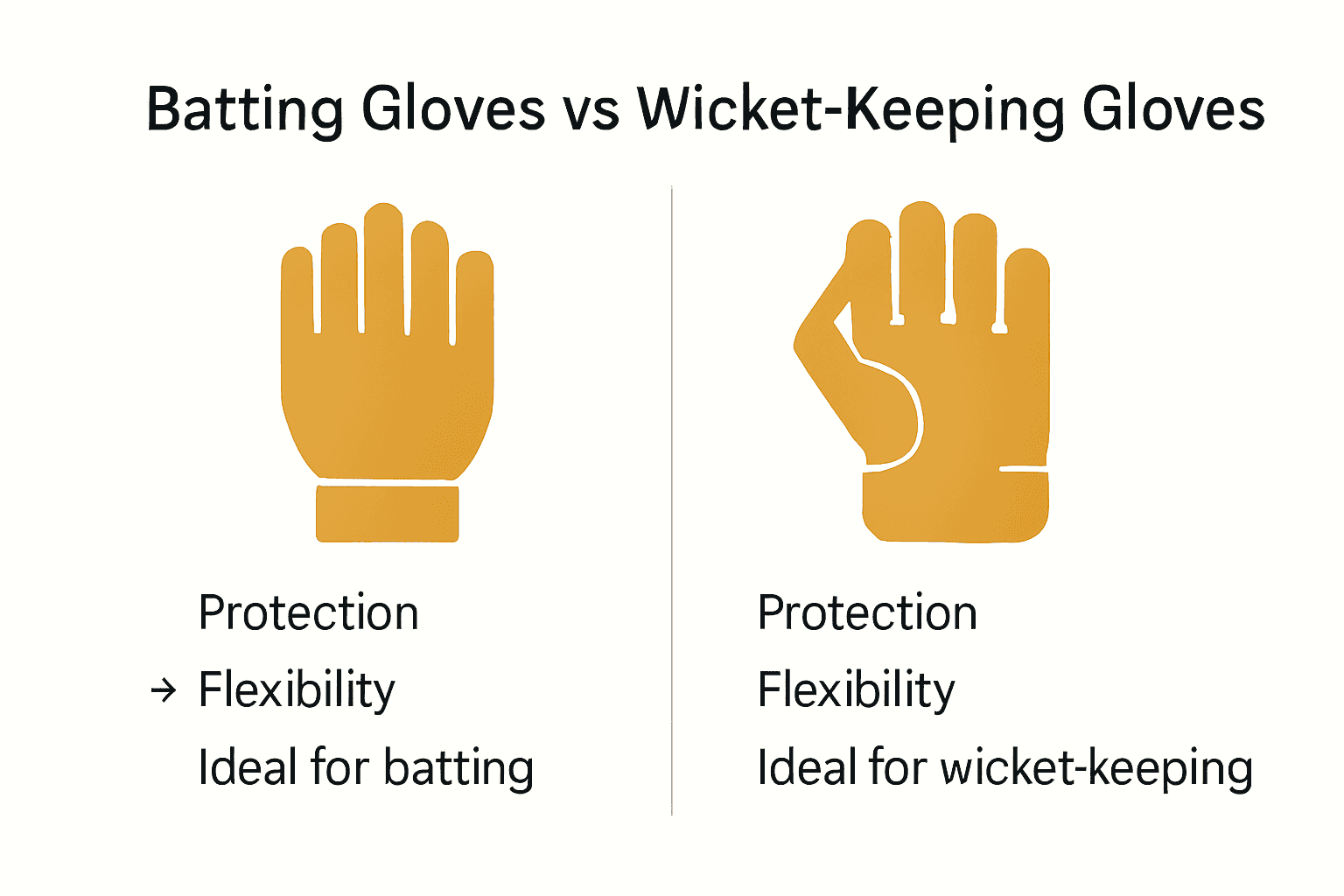 Infographic comparing batting gloves and wicket-keeping gloves with feature icons.