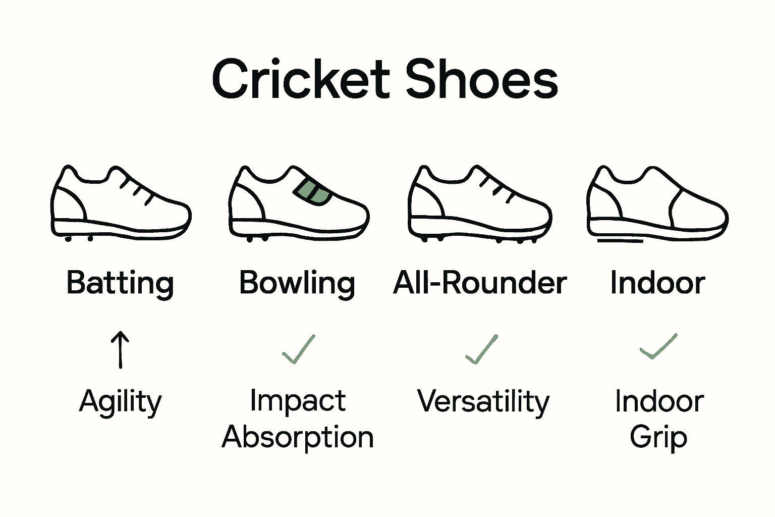 Comparison chart of batting, bowling, all-rounder, and indoor cricket shoes.