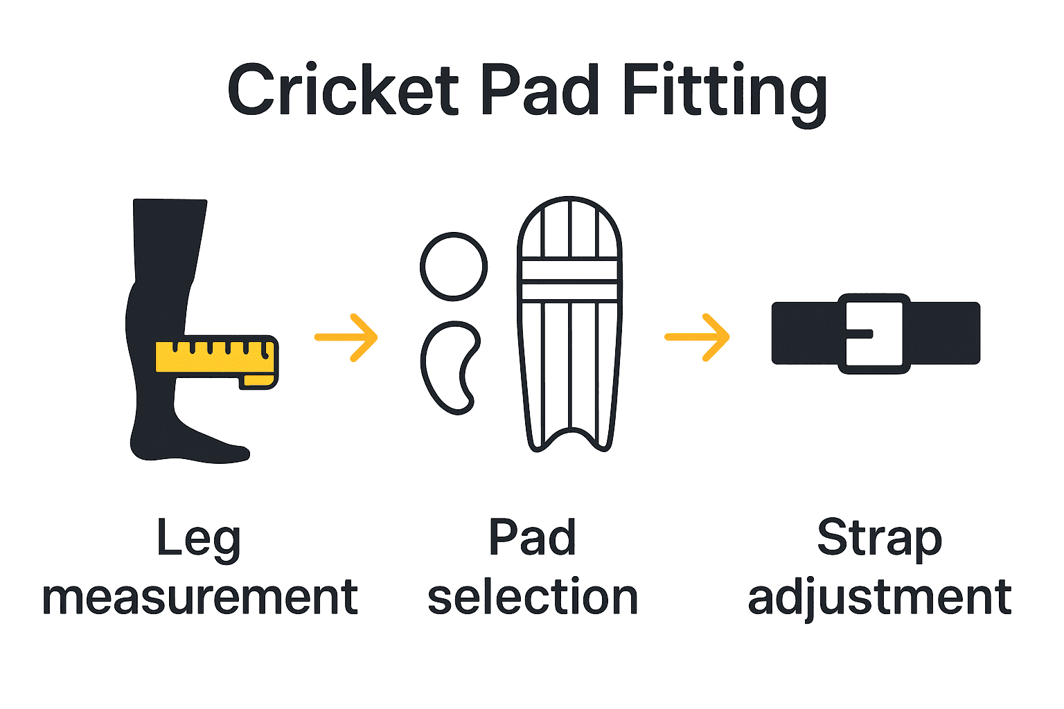 Infographic showing steps to cricket pad fitting: measurement, selection, and adjustment.