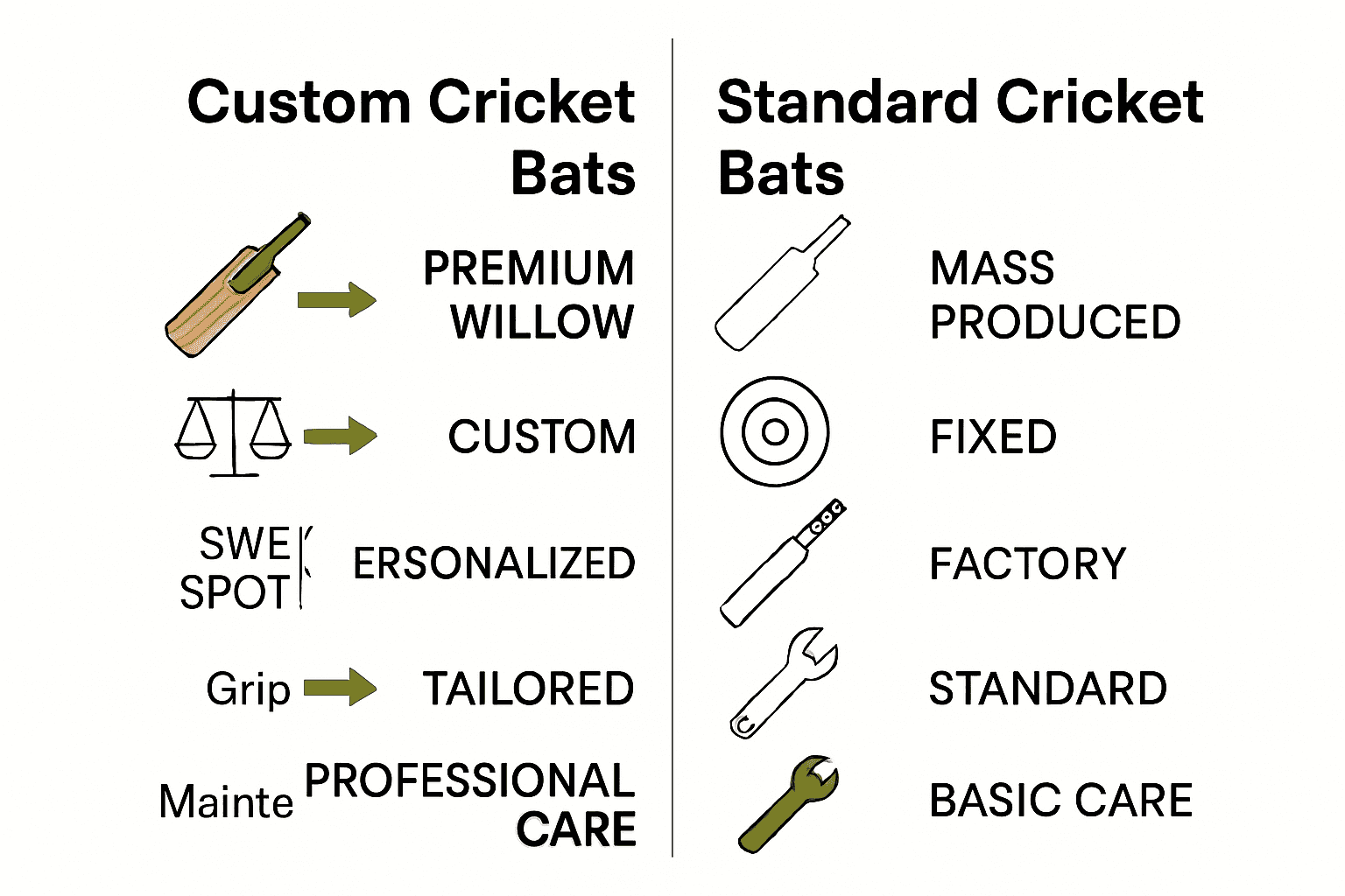 Comparison infographic showing custom versus standard cricket bats along five key characteristics.