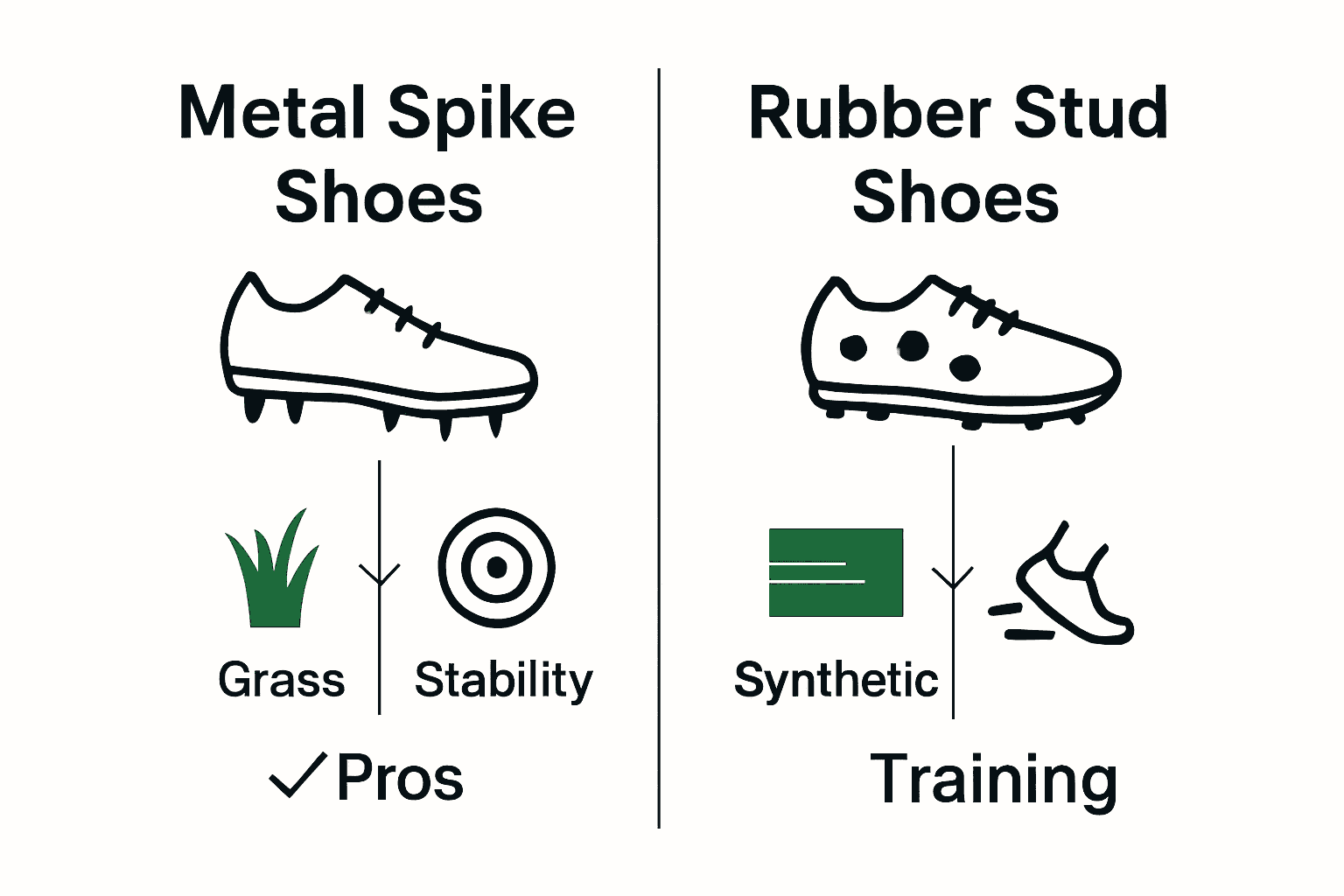 Infographic comparing cricket shoe types: metal spike for grass, rubber stud for synthetic surfaces.