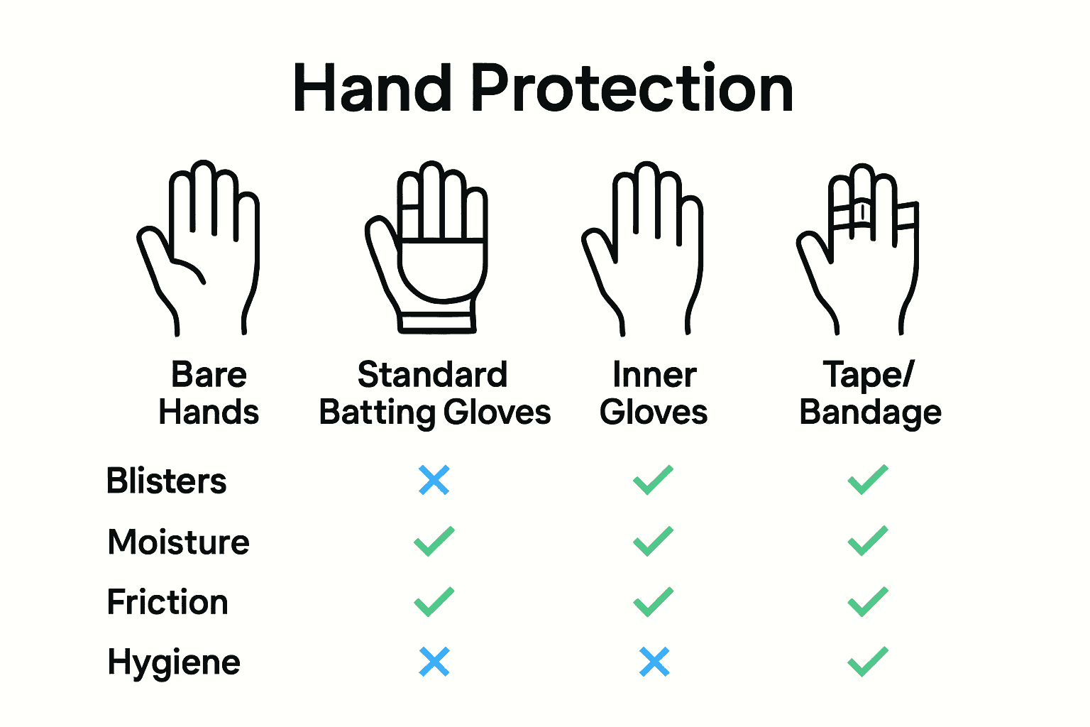 Infographic comparing four cricket hand protection methods and their benefits.