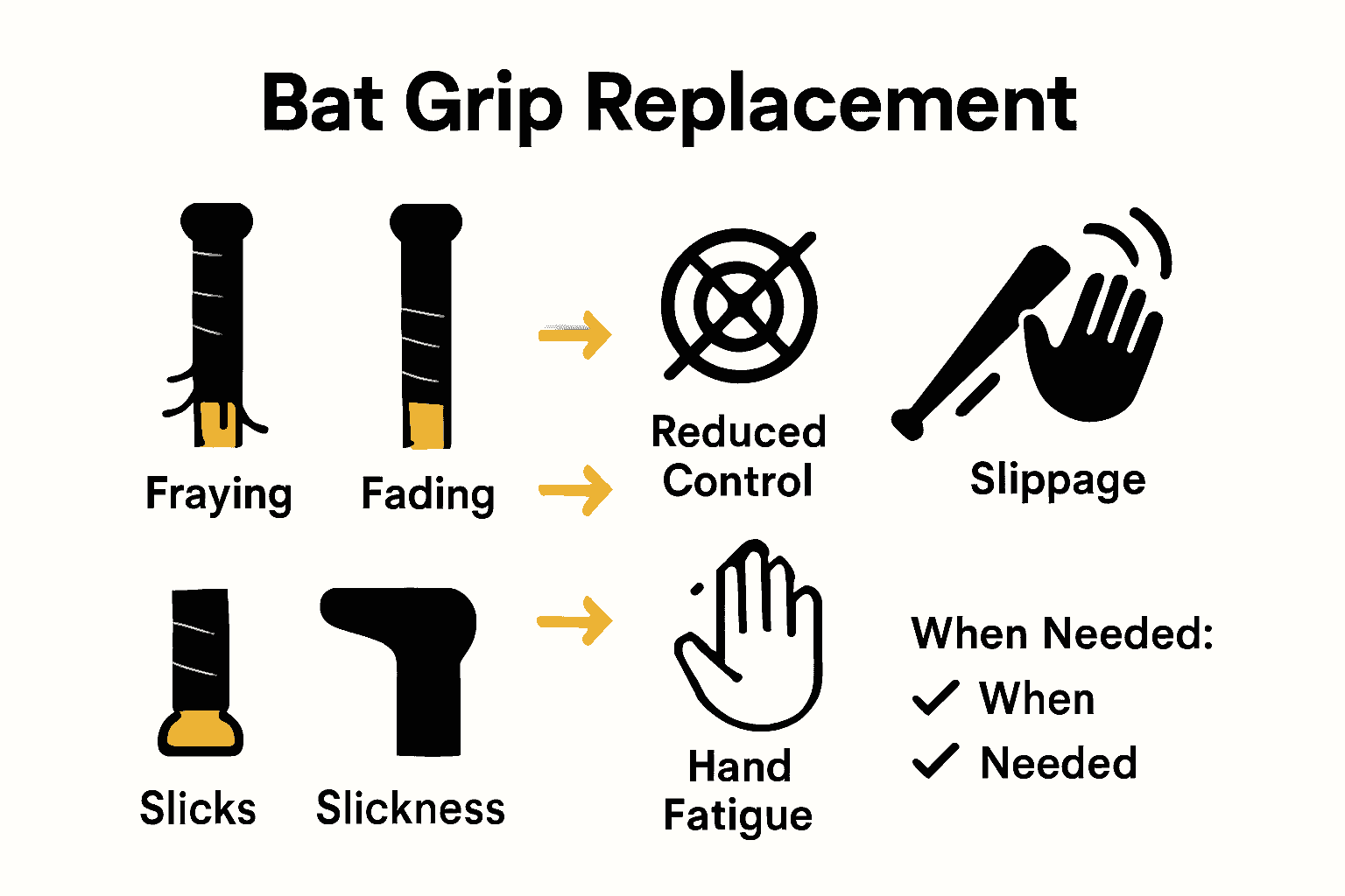 Infographic showing signs of worn bat grip and when to replace.
