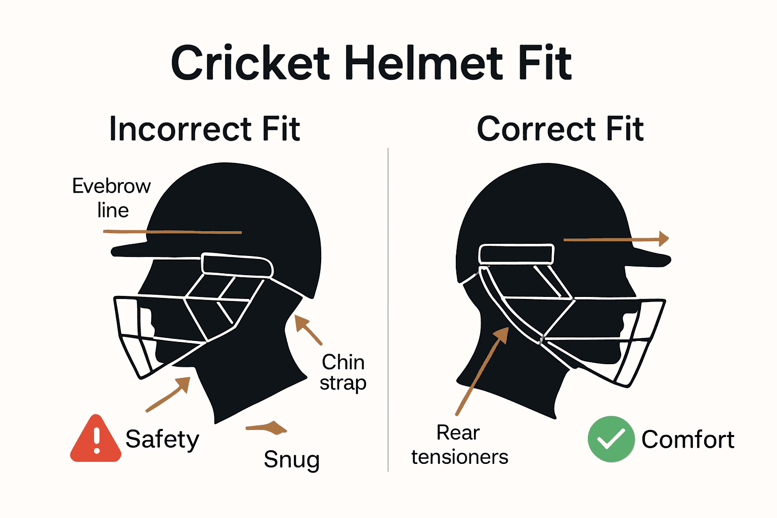 Infographic comparing correct and incorrect cricket helmet fit with labeled icons.