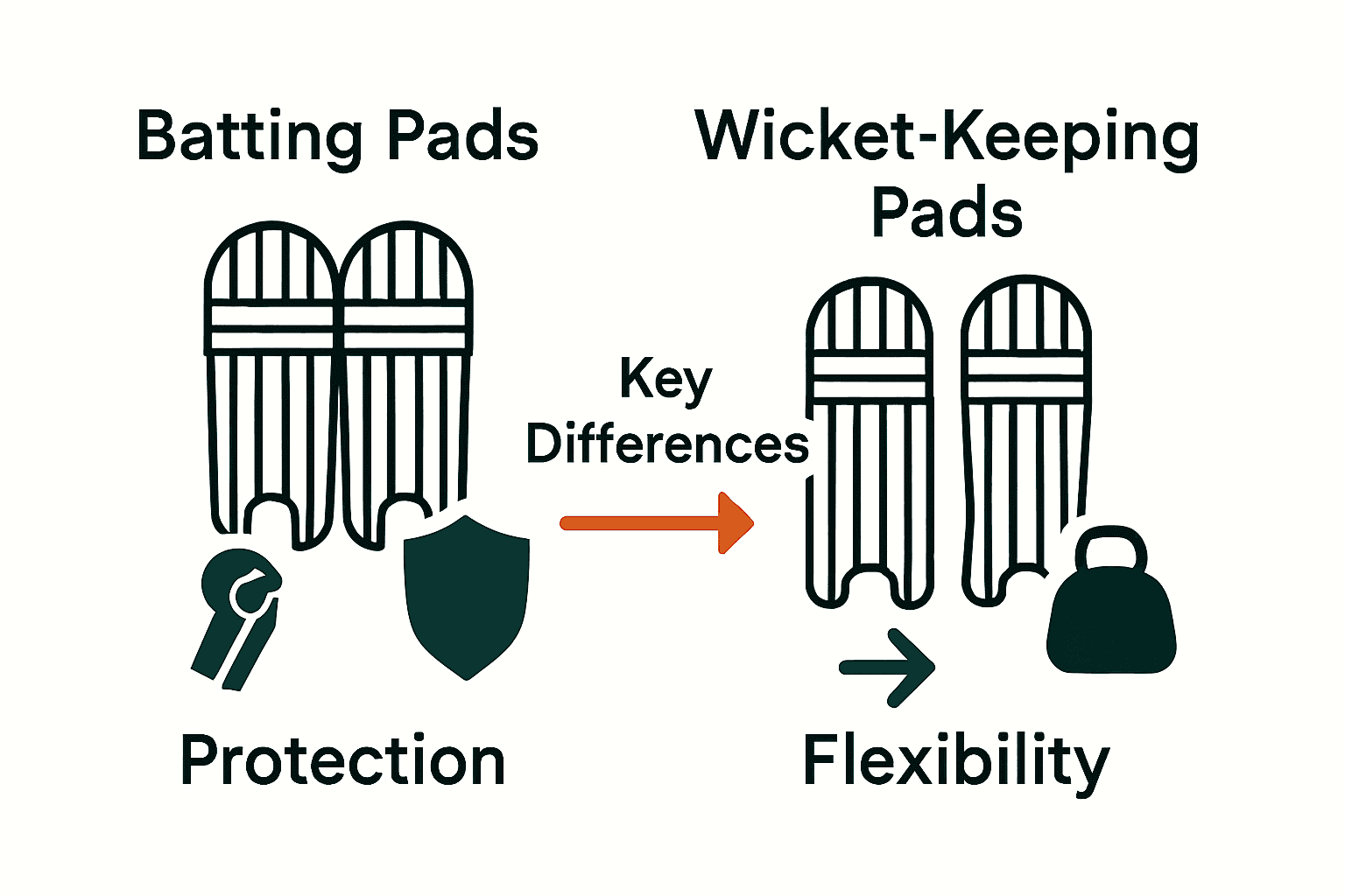 Comparison of batting pads and wicket-keeping pads with icons for protection and mobility.