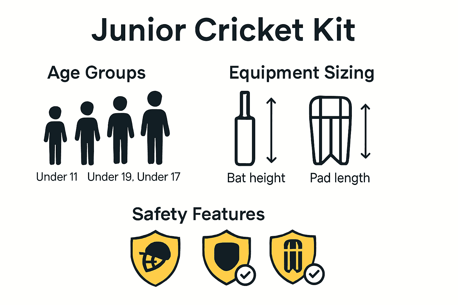Infographic showing junior cricket kit selection: age categories, sizing, safety.