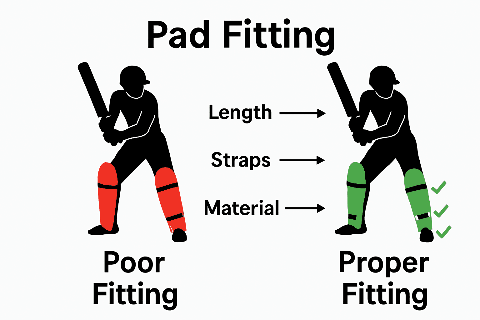 Infographic comparing correct and incorrect cricket pad fitting areas.