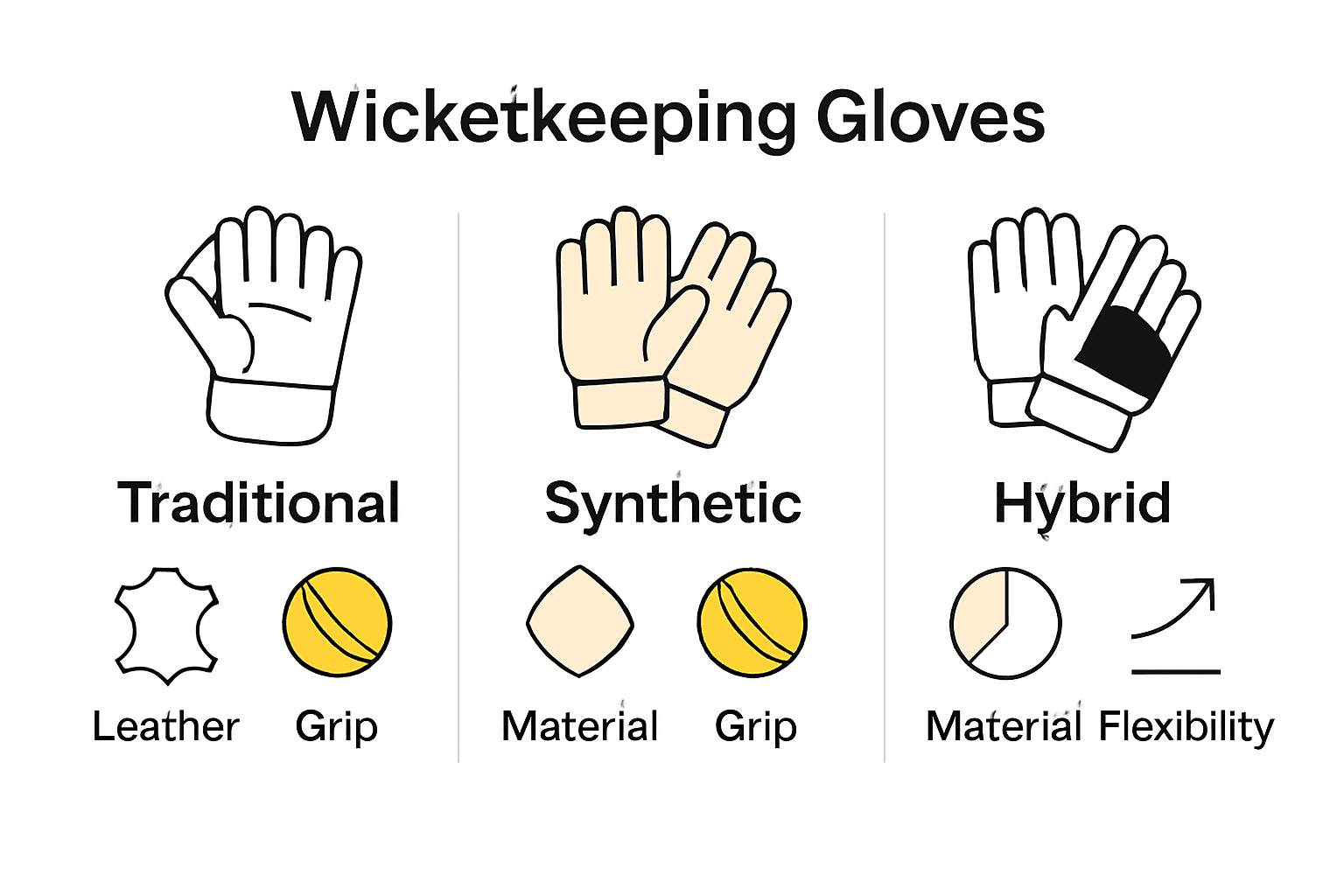 Infographic comparing three types of wicket-keeping gloves and their key features.