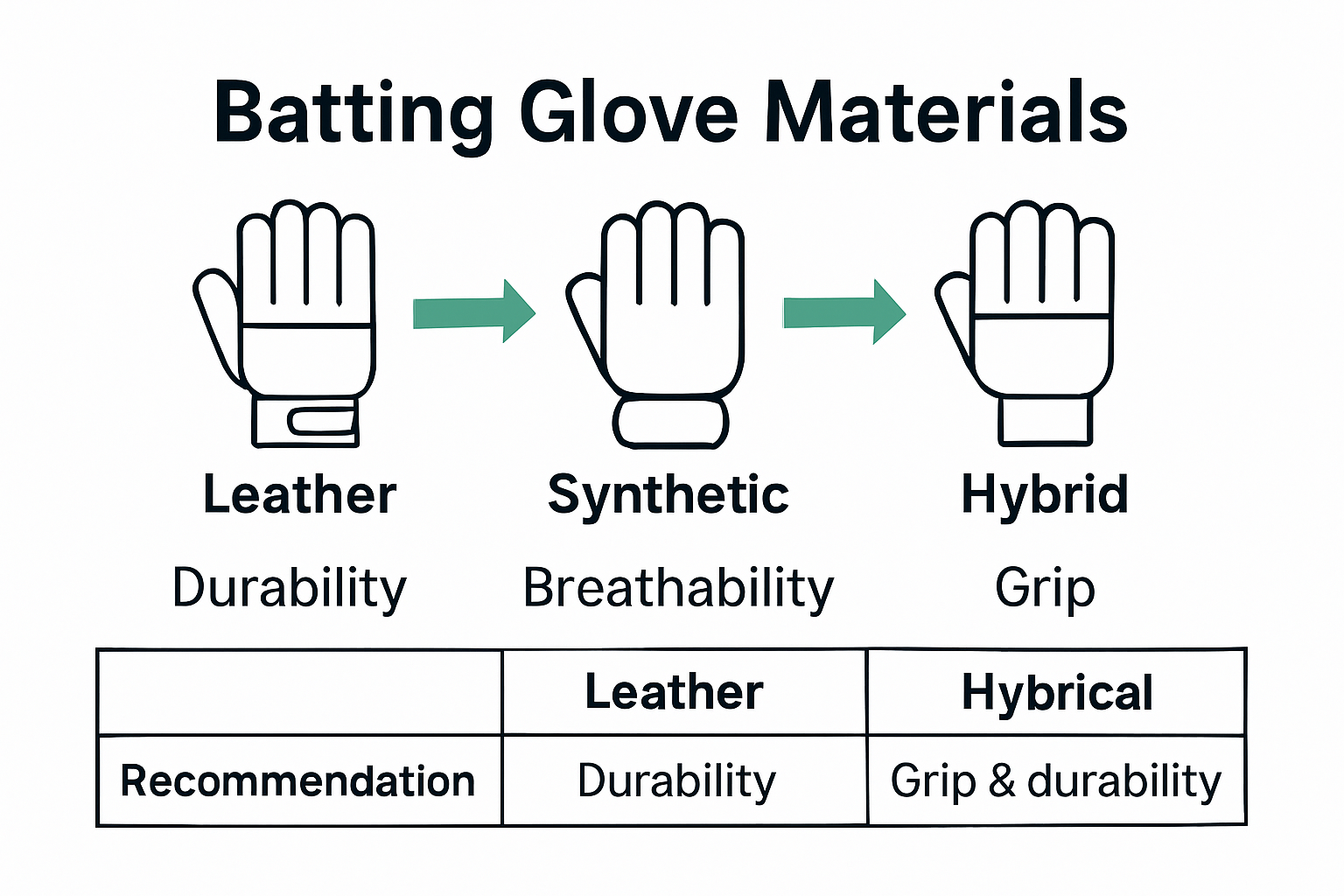 Infographic comparing cricket batting glove materials: leather vs synthetic vs hybrid.