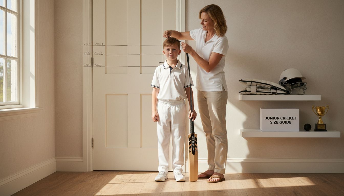 Parent measuring child for cricket gear sizing