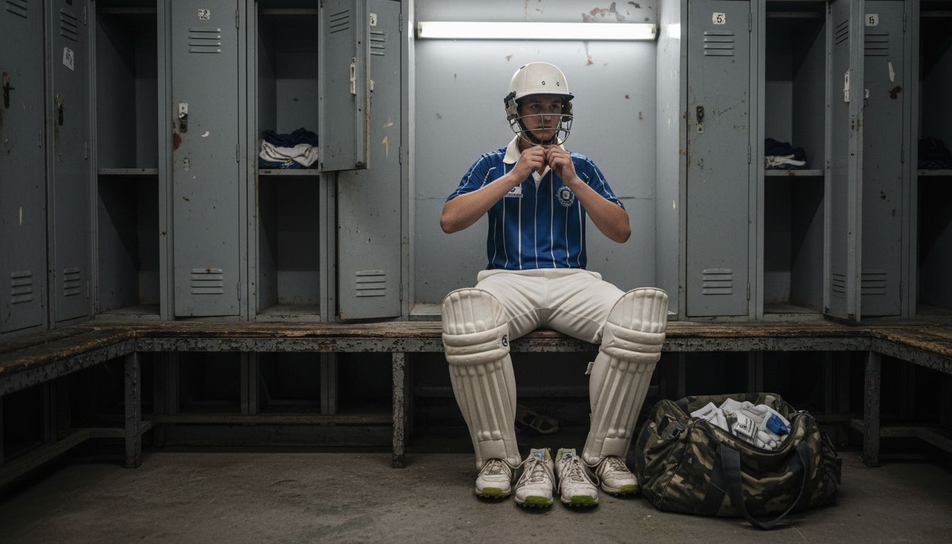 Cricket player fastening helmet in locker room