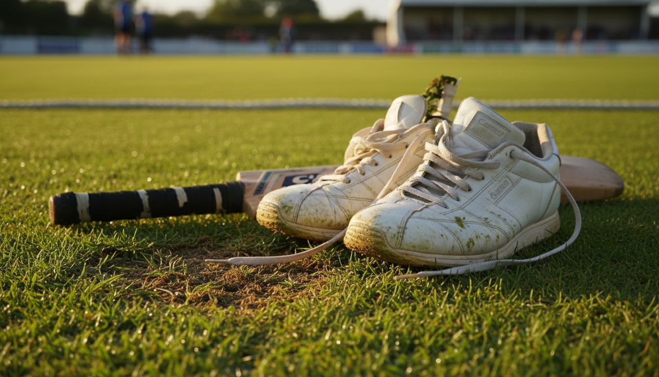 Closeup of batsman’s shoes and cricket bat