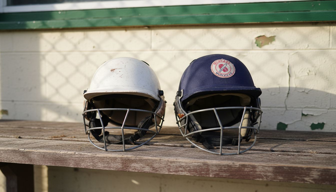 Different types of cricket helmets on bench