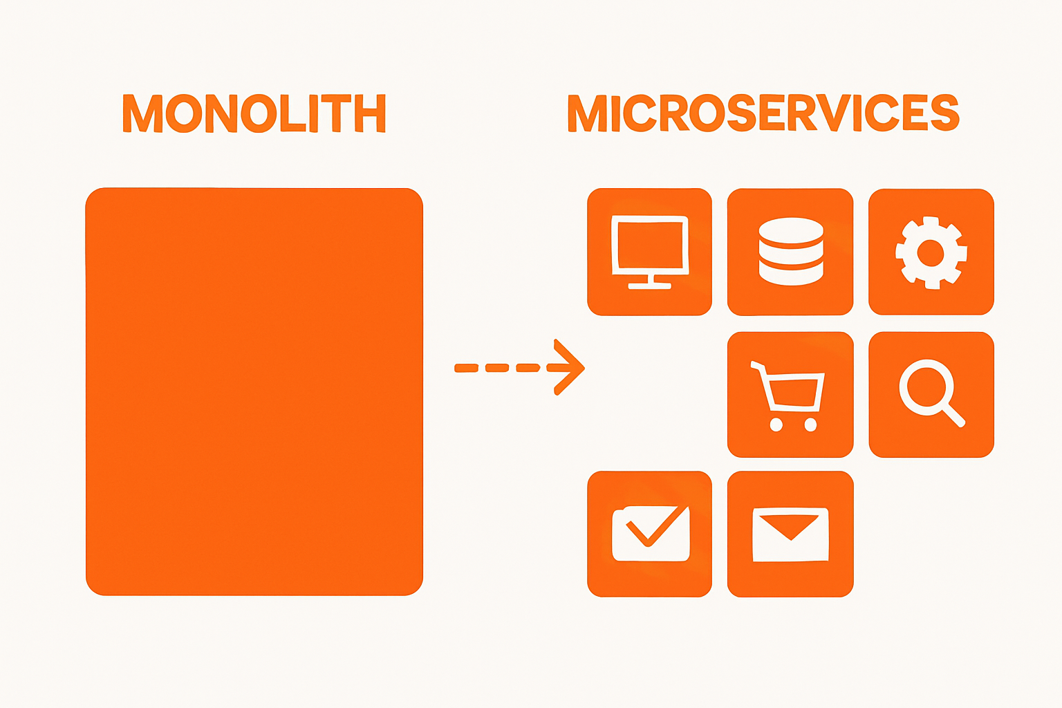 Simple visual comparing monolith and microservices architecture