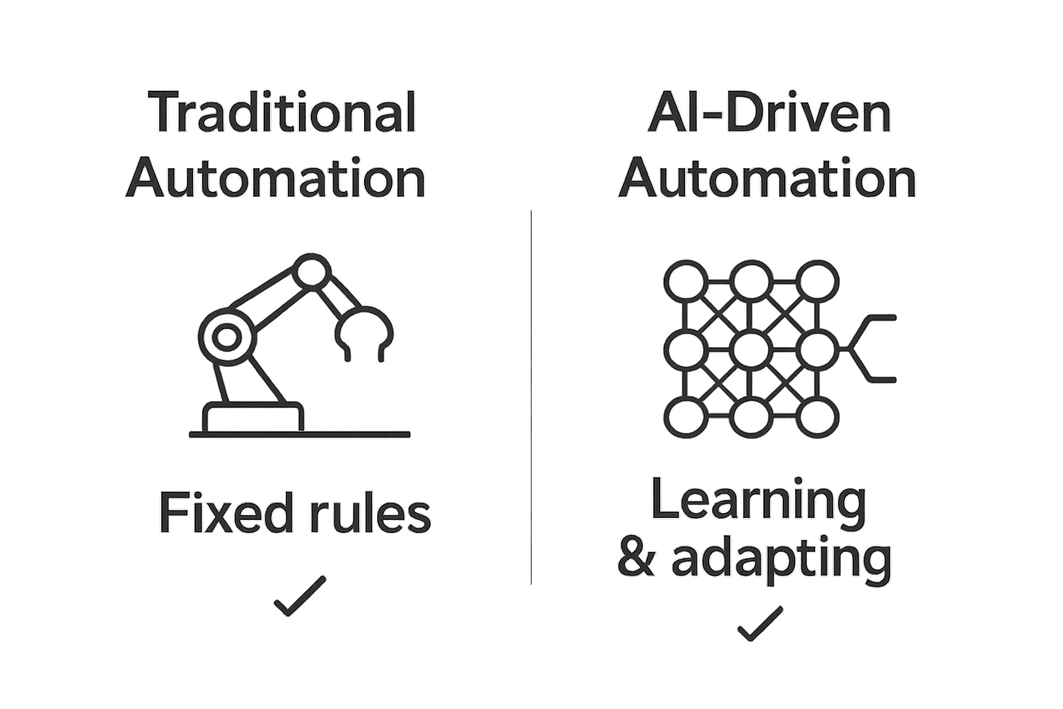 Side-by-side comparison of traditional automation and AI-driven automation using icons