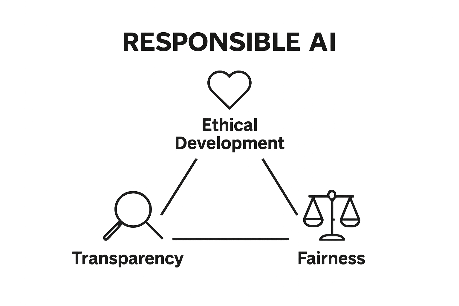 Responsible AI principles infographic with icons for ethics, transparency, fairness