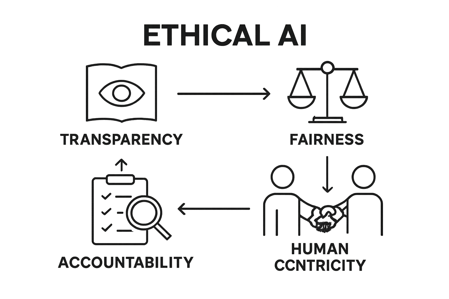 Icons representing ethical AI principles: transparency, fairness, accountability, and human centricity.