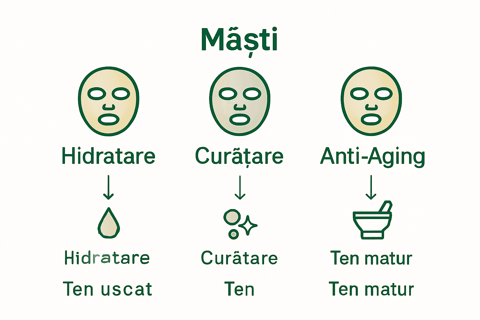 Infografic comparativ cu trei tipuri de măști faciale, beneficii și tipuri de ten recomandate.