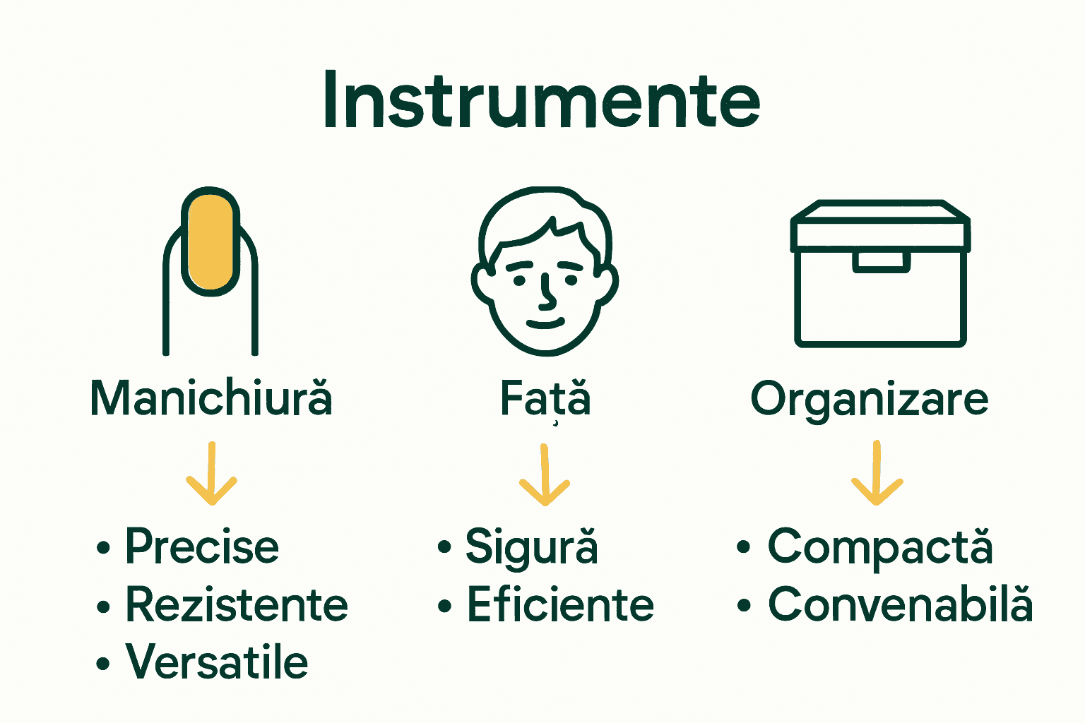 Infografic comparație tipuri instrumente cosmetice principale