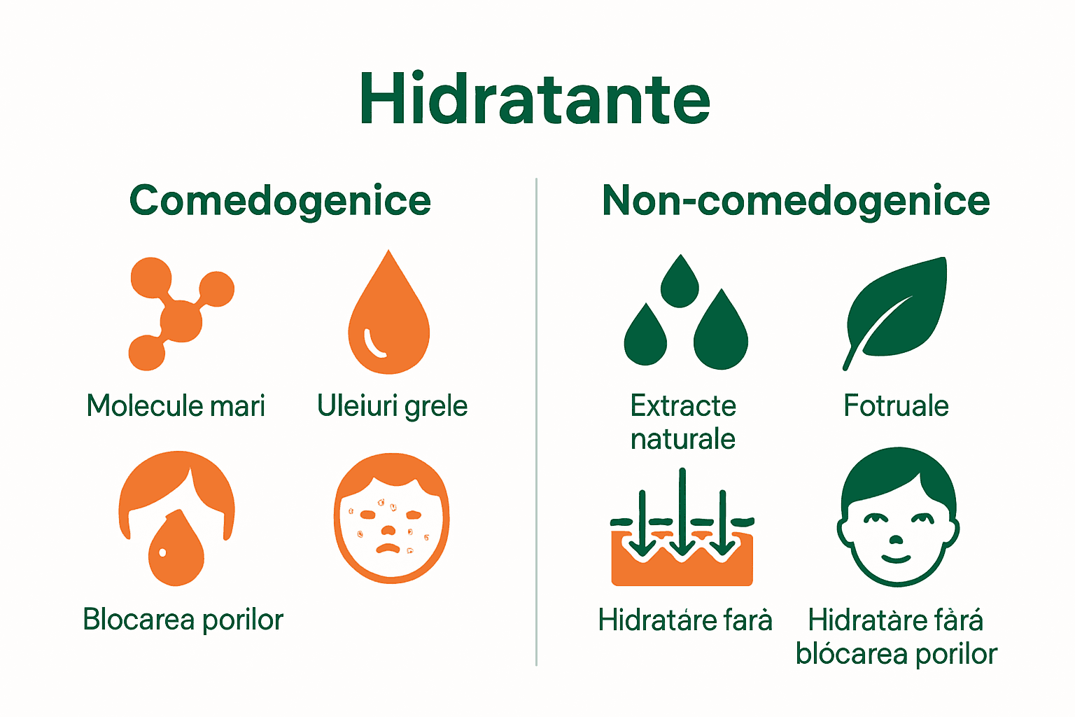 Infografic diferențe hidratante non-comedogenice și comedogenice