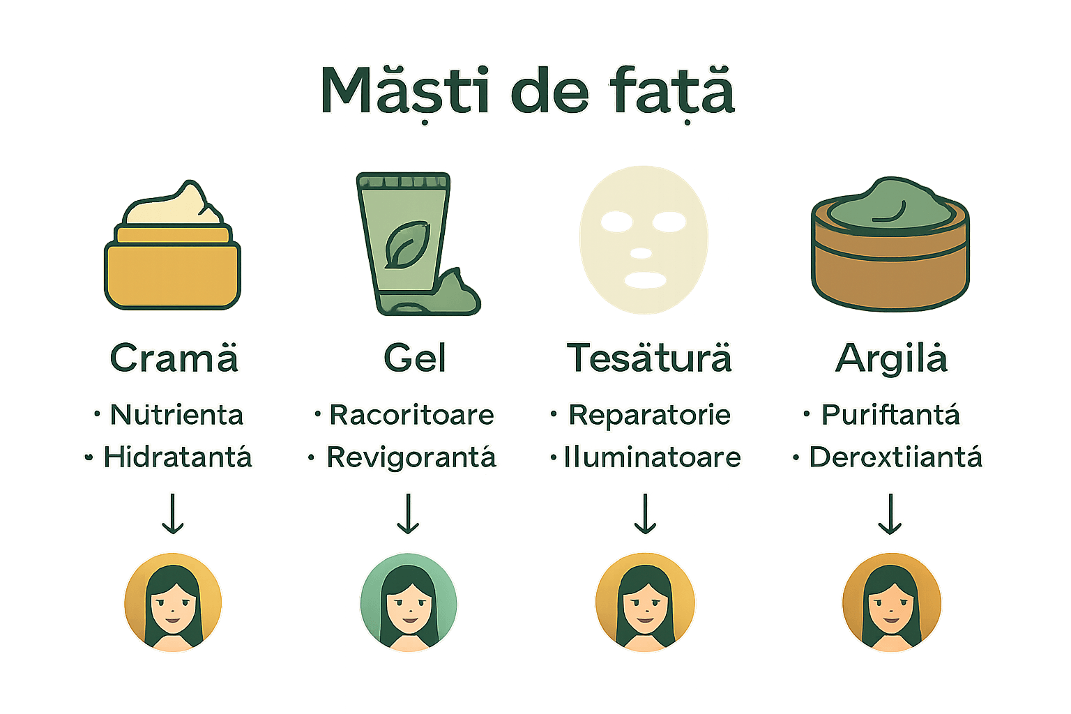 Infografic tipuri principale de măști faciale cu iconuri și beneficii