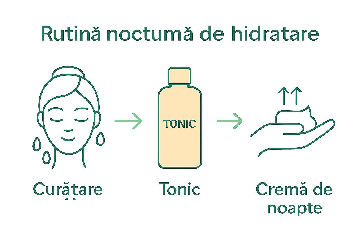 Infografic cu pașii rutinei nocturne de hidratare a pielii