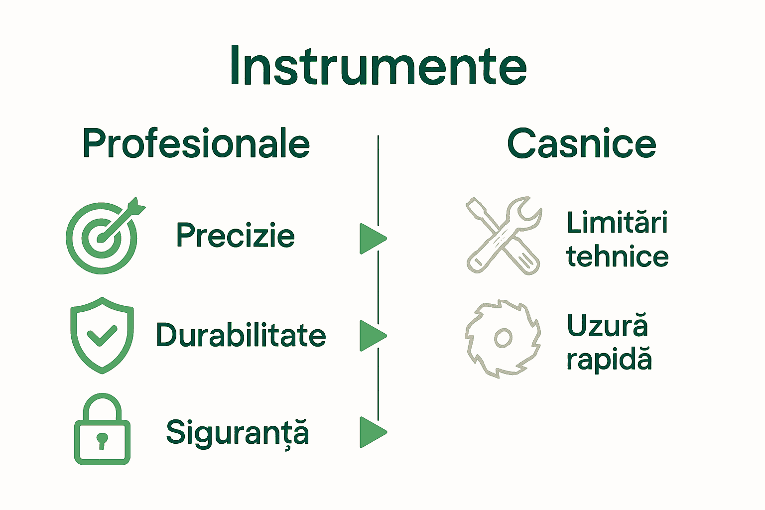Infografic comparativ între instrumente profesionale și casnice, cu iconițe pentru criterii cheie.