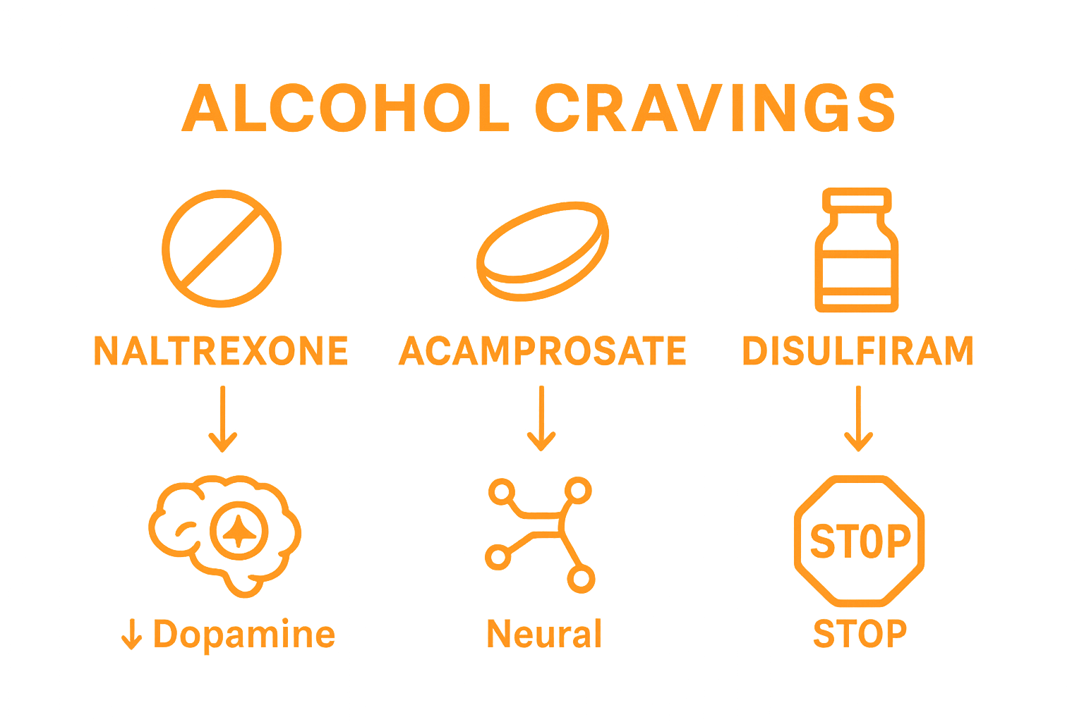 Infographic showing three main medications for alcohol cravings and their effects