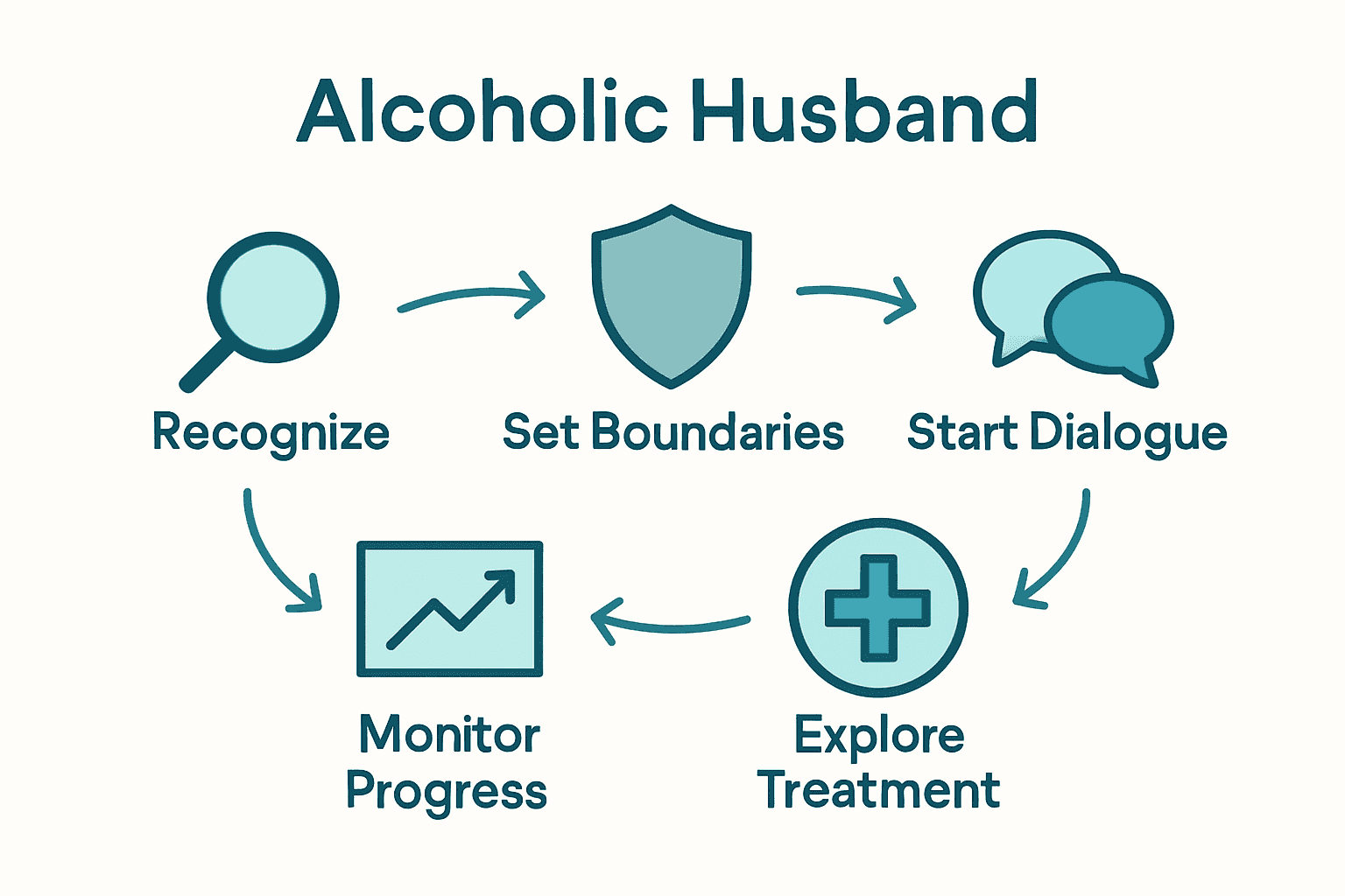 Infographic: five steps to help alcoholic husband, each with icon