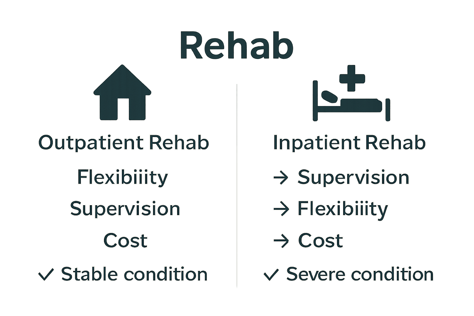Infographic comparing outpatient and inpatient rehab features.