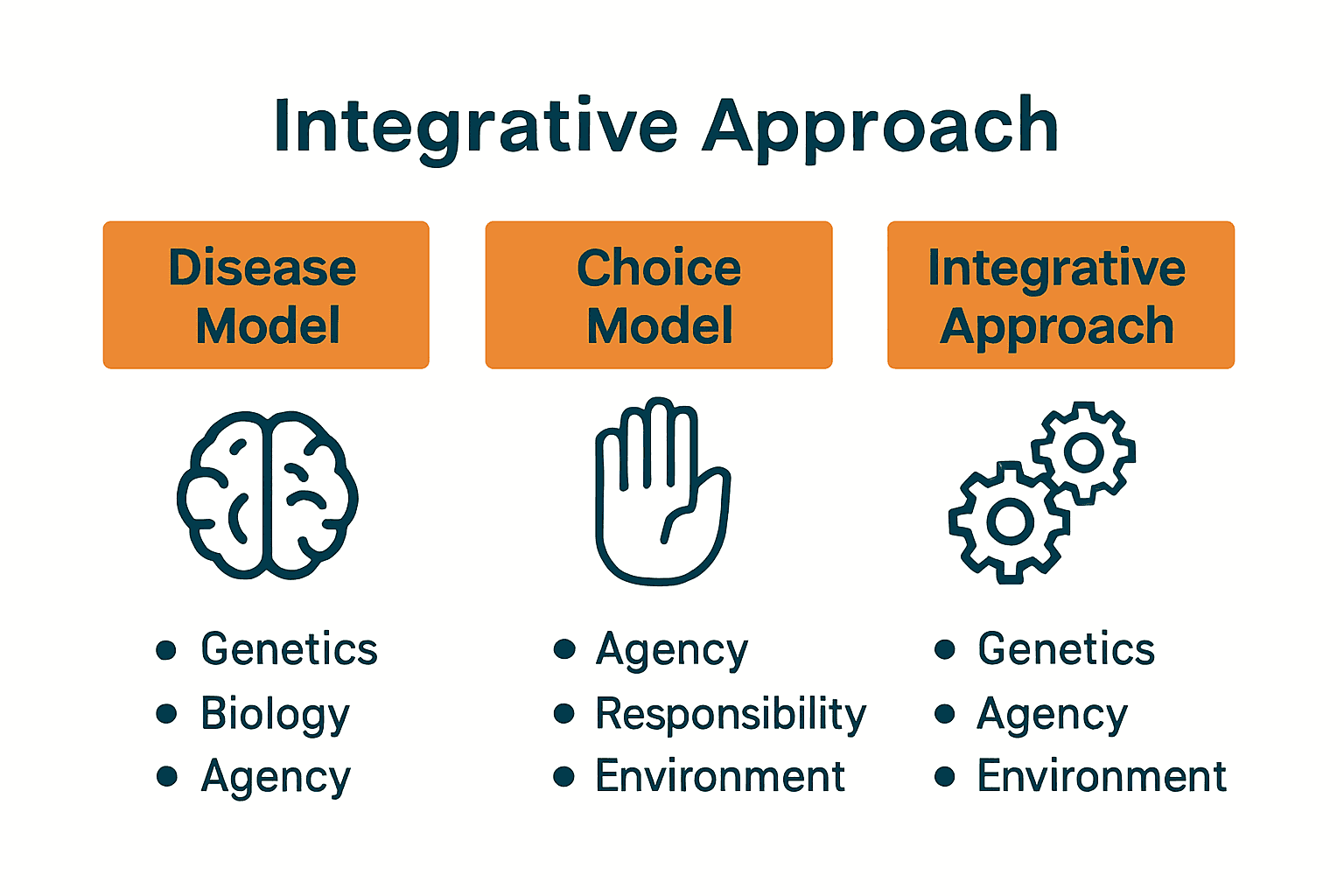Infographic comparing disease, choice, and integrative views of addiction.