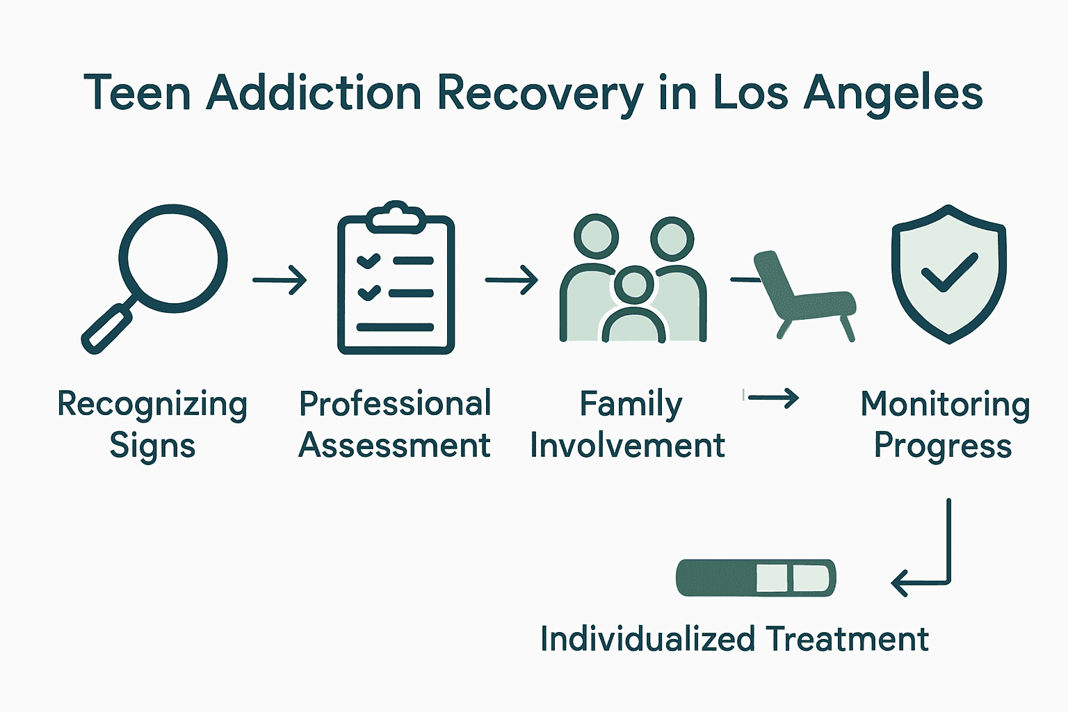 Infographic illustrating six-step teen recovery process in Los Angeles