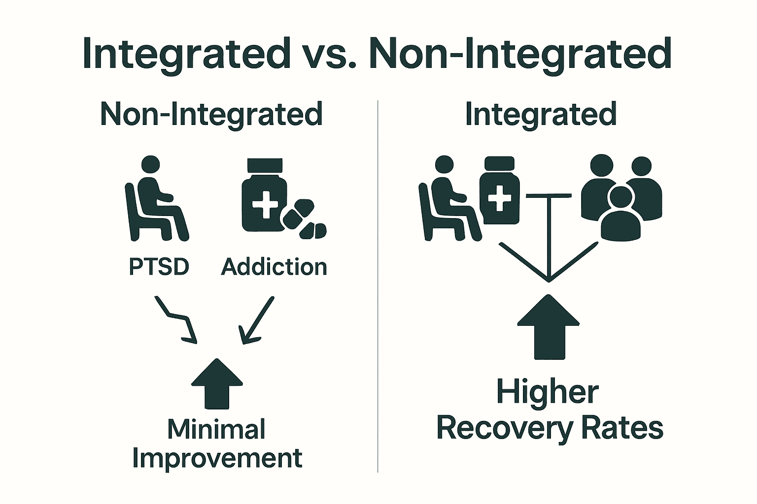 Infographic comparing isolated and integrated treatment approaches for PTSD and addiction recovery.