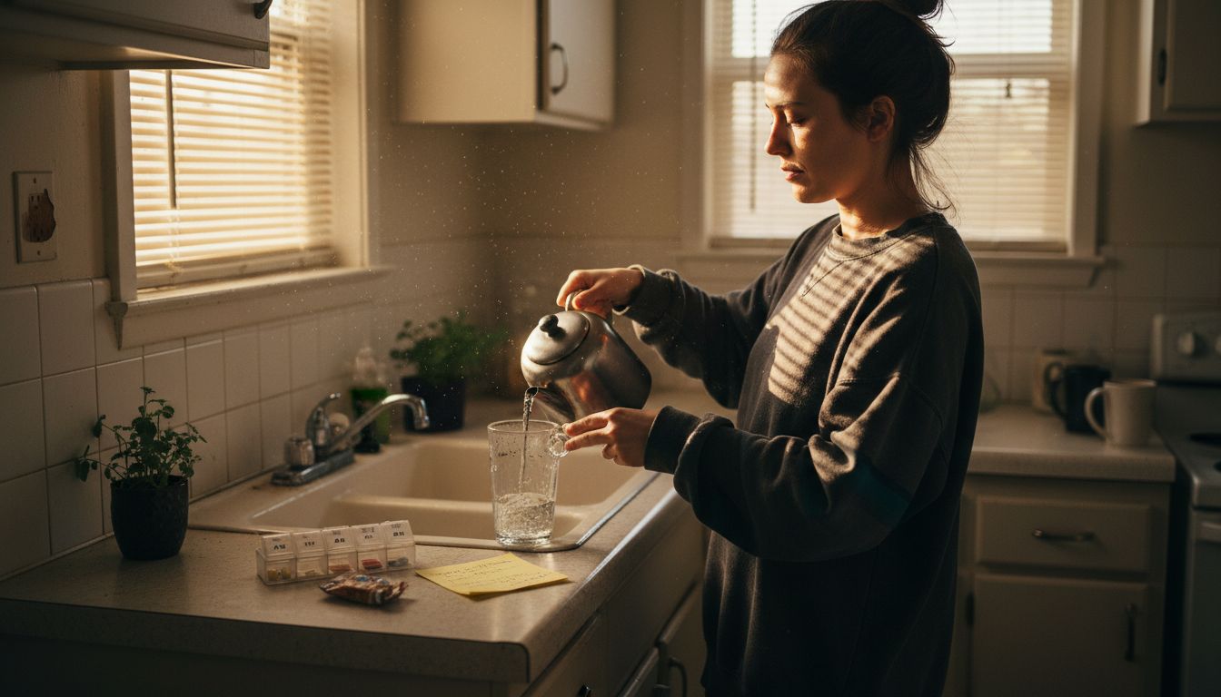 Woman preparing tea in small apartment kitchen