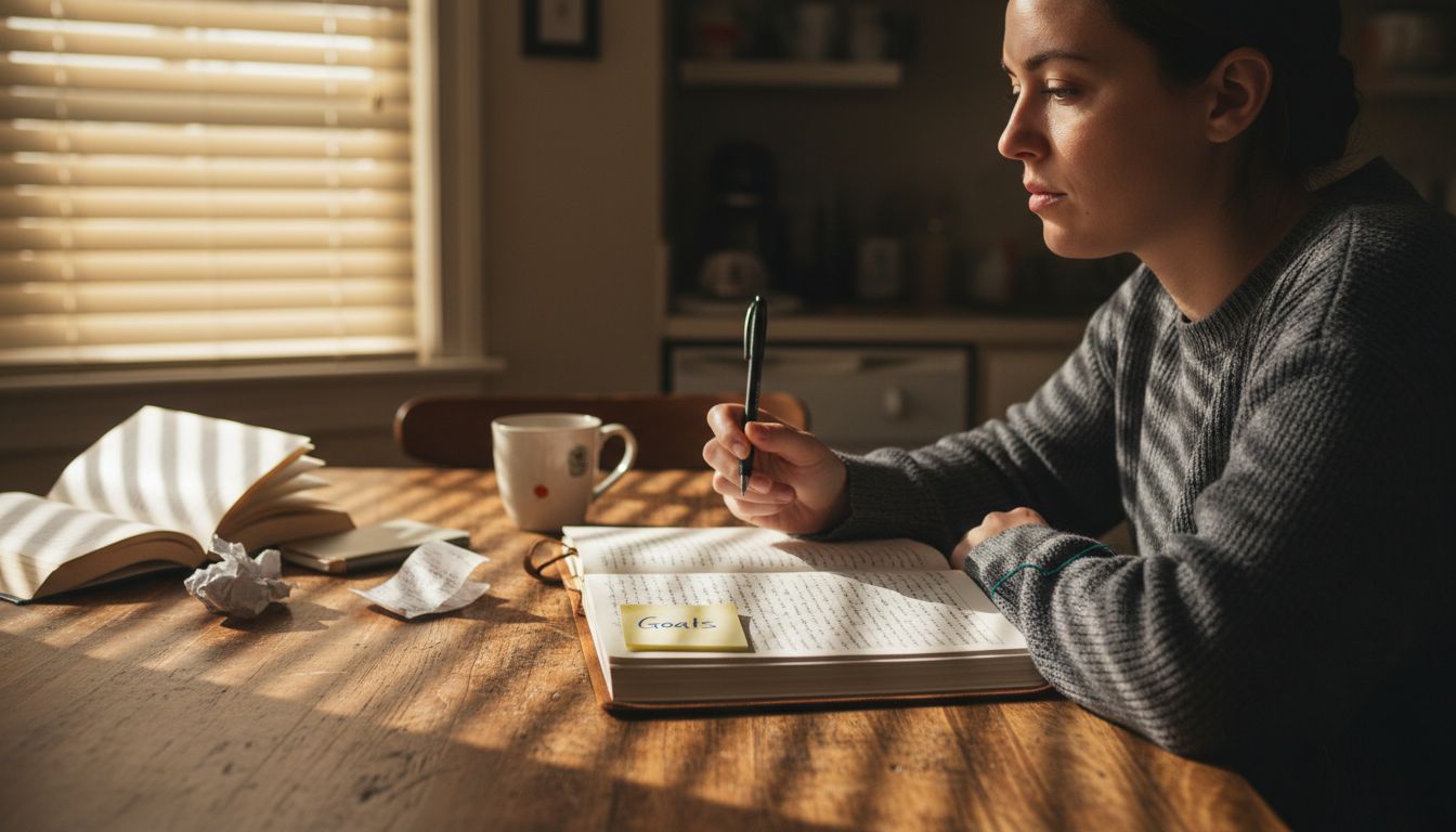 Woman reflecting on goals at kitchen table