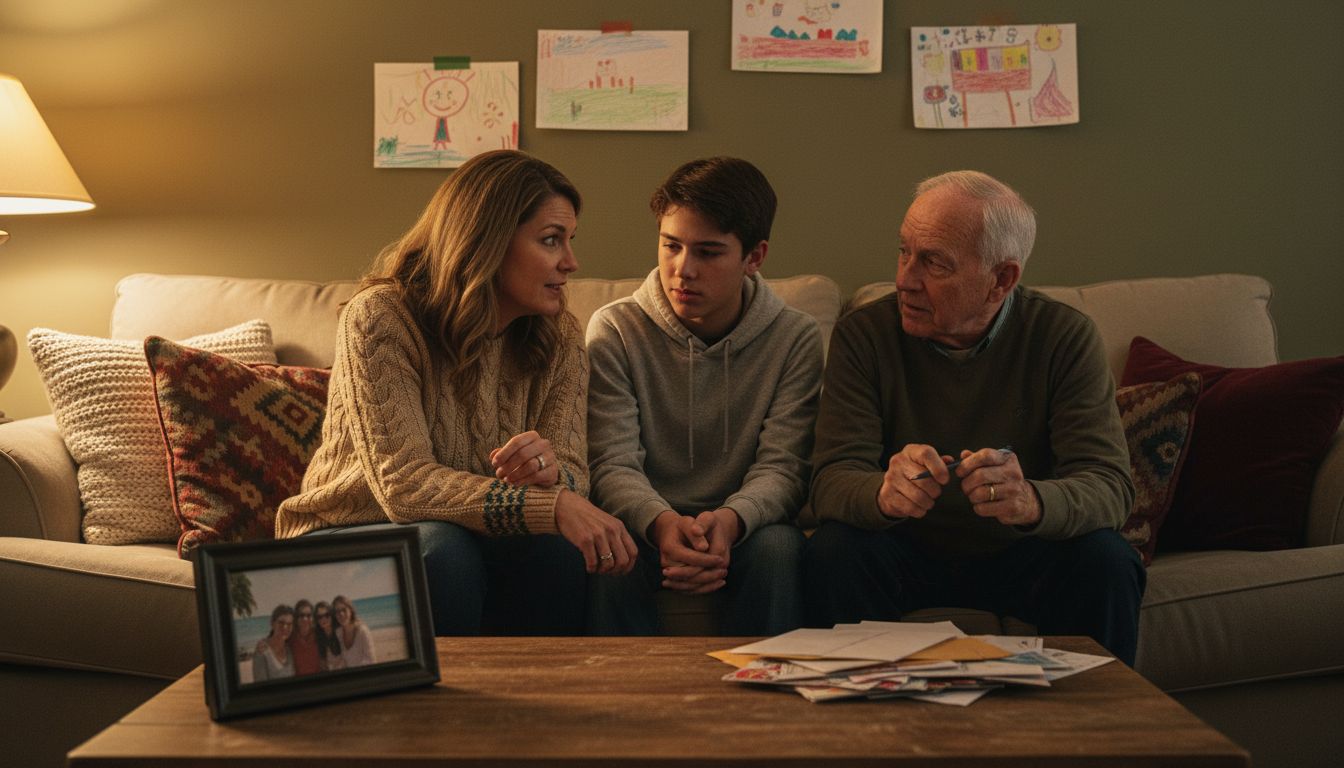 Family talking supportively on living room couch