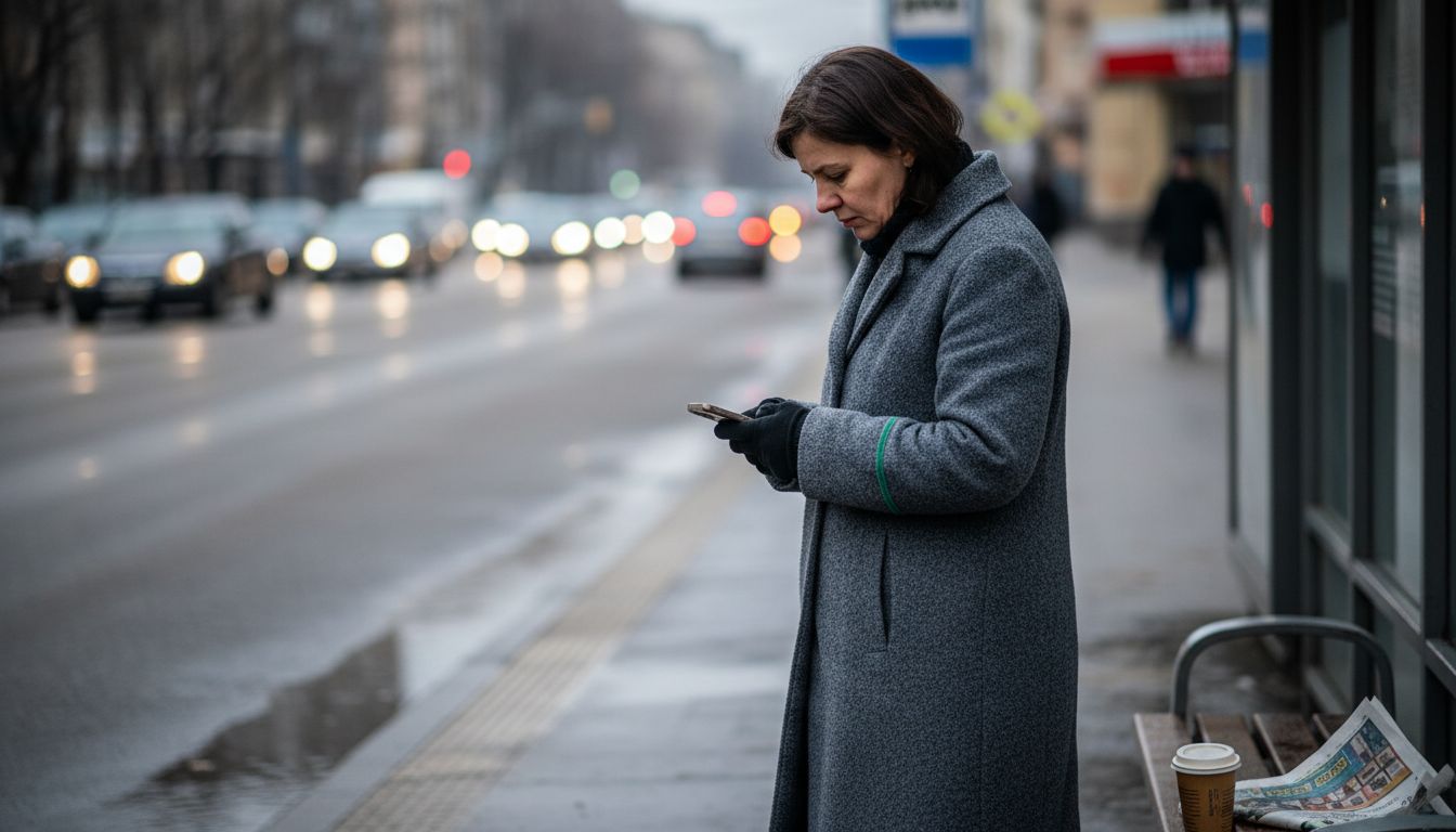 Woman waiting at winter bus stop, looking stressed