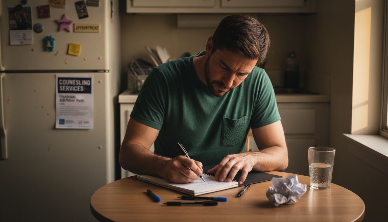 Man writing list at kitchen table