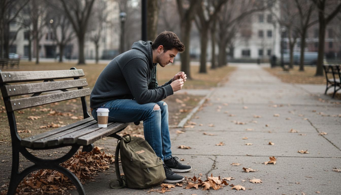Isolated young man on park bench