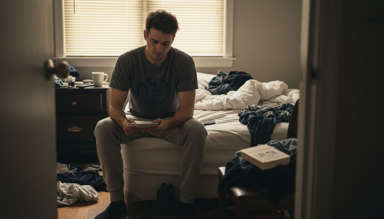 Young man alone on messy bed with notepad