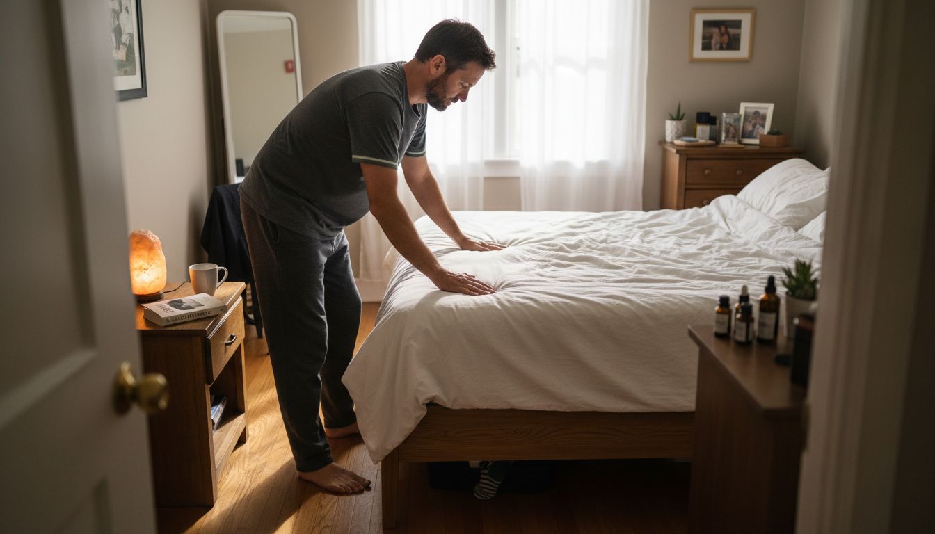 Man creating a calm, restful bedroom
