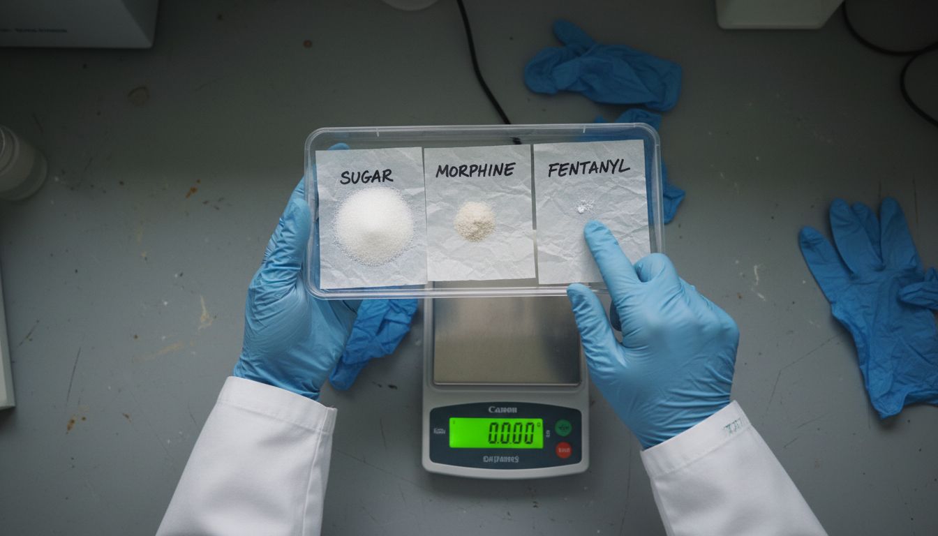 Lab tray with fentanyl, morphine, sugar amounts compared